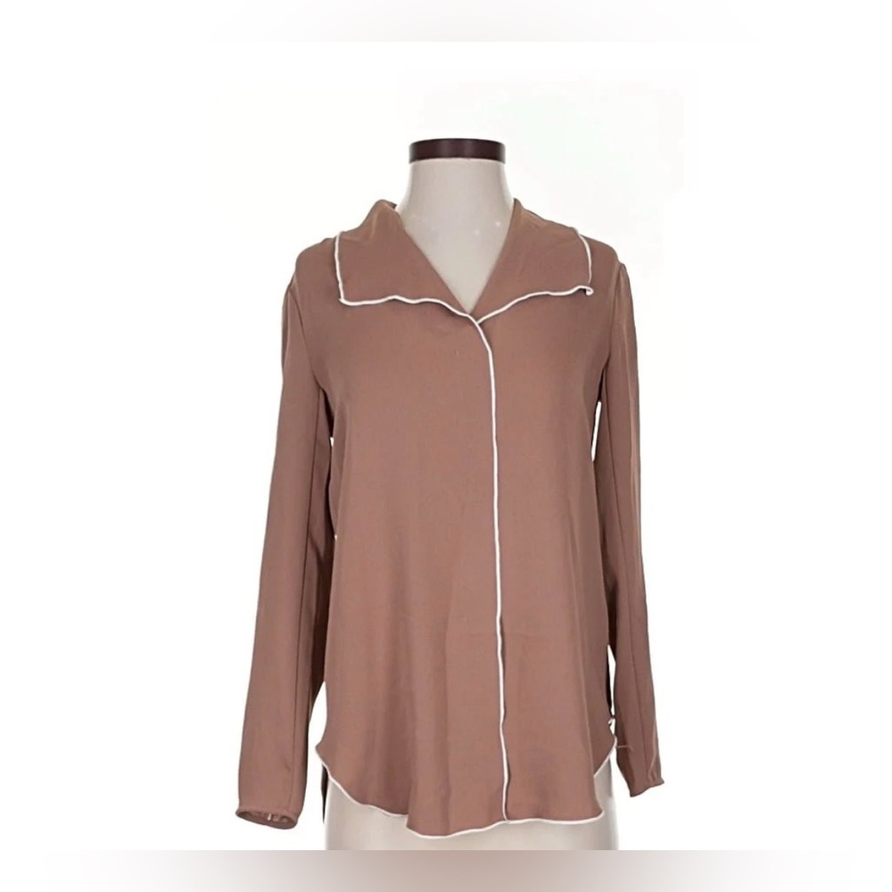 Babaton Rena Shirt Long Sleeves Curved Hem Line V-Neck Top Size XS